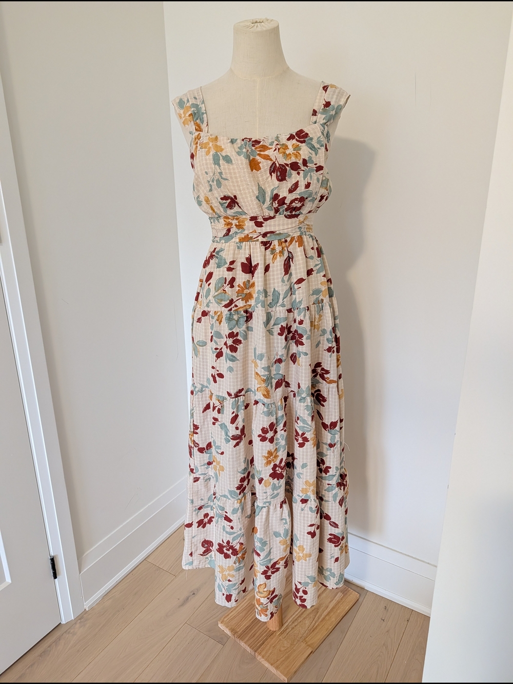 Floral Tiered Maxi Dress in Cream with Red & Mustard